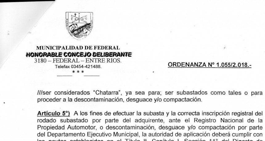 APLICACIÓN DE ORDENANZA N°1055/2018 