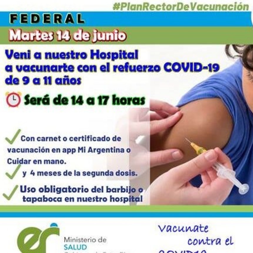 REFUERZO A LA POBLACIÓN PEDIÁTRICA: ESTE MARTES COMENZARÁ LA APLICACIÓN DE DOSIS DE REFUERZO A NIÑOS DE 9 A 11 AÑOS