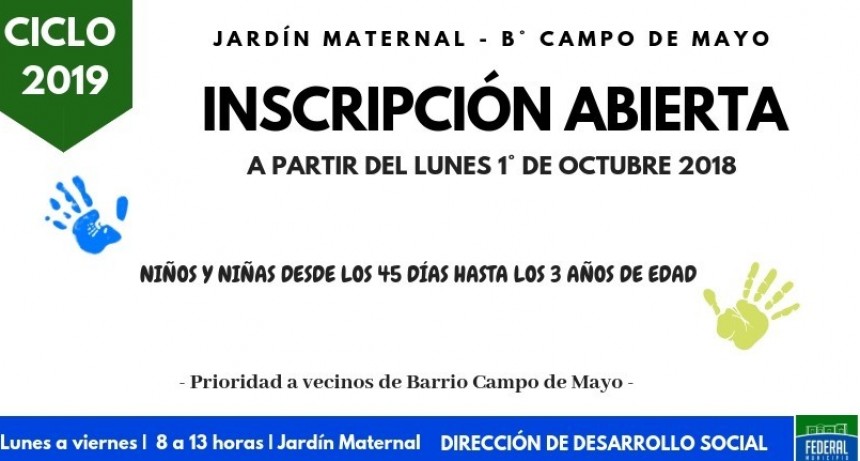EN OCTUBRE SE ABRE LA INSCRIPCIÓN 2019 PARA EL JARDÍN MATERNAL MUNICIPAL A VECINOS DEL BARRIO CAMPO DE MAYO 