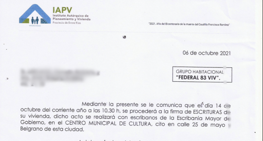 EL PROXIMO 14 DE OCTUBRE FIRMARAN LAS ESCRITURAS A LOS VECINOS DEL BARRIO 83 VIVIENDAS