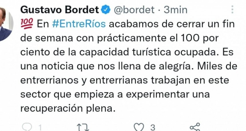 OPINO EL GOBERNADOR DE LA PROVINCIA GUSTAVO BORDET RESPECTO DEL TURISMO EN EL DINDE EXTRA LARGO 