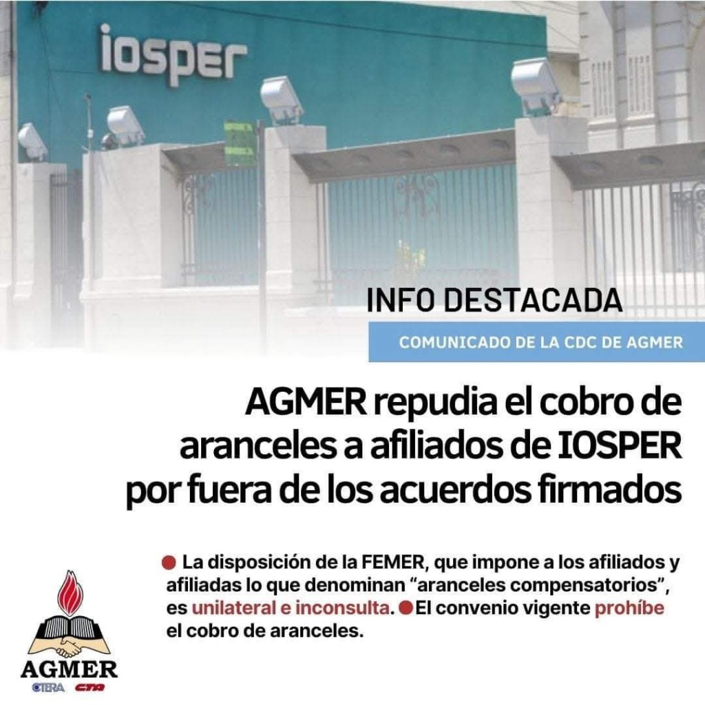 AGMER repudia el cobro de aranceles a afiliados/as de IOSPER, por fuera de los acuerdos firmados